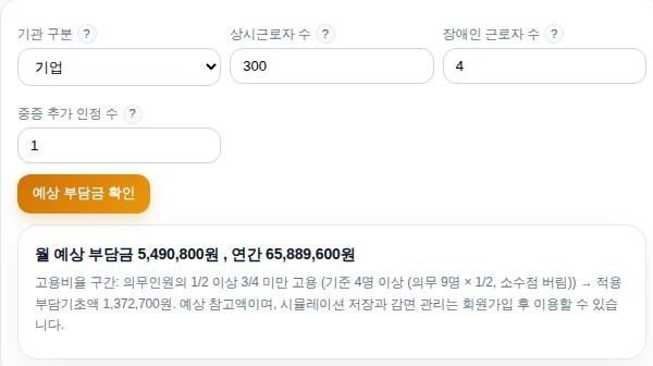 안심클립 부담금 계산 화면. 기관 구분과 상시근로자 수, 장애인 근로자 수를 넣어 월 예상 부담금을 확인